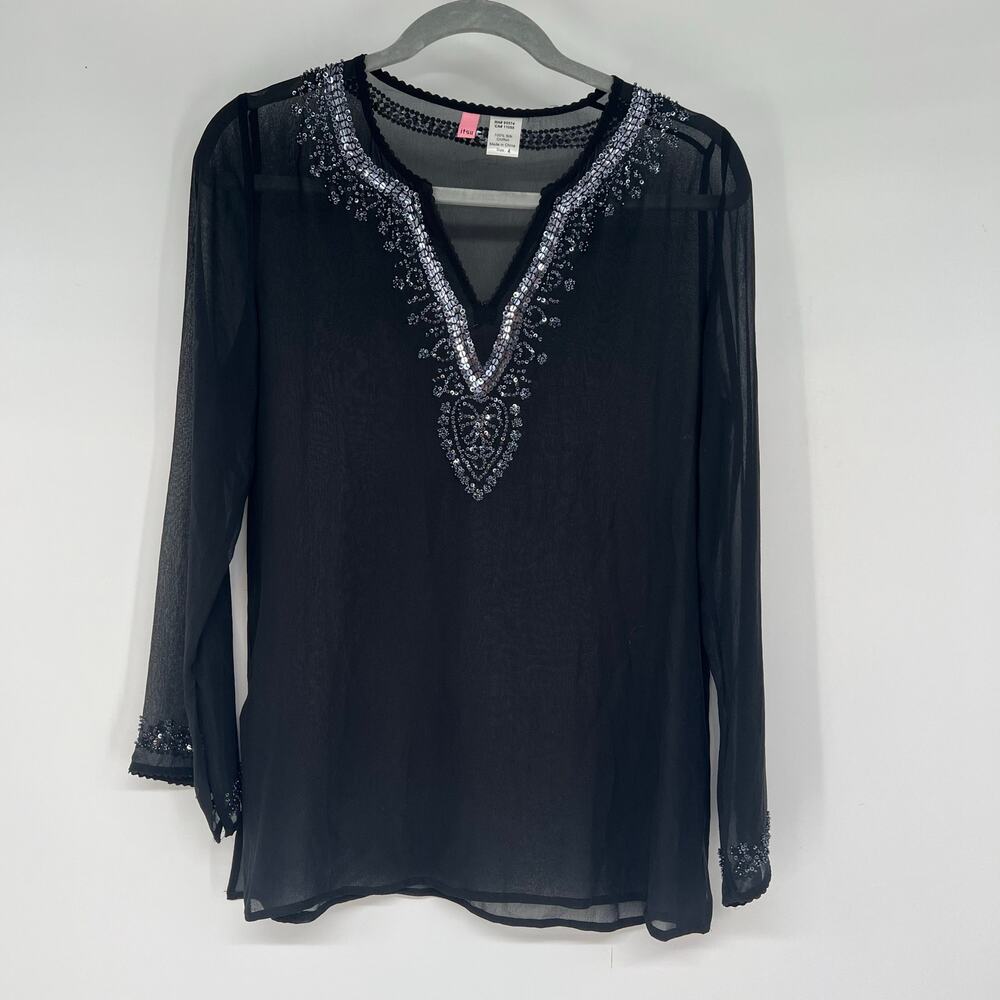 ITSU Sheer Sequin Beaded Tunic Blouse Women's Size 4 Black Chiffon Sparkle Silk